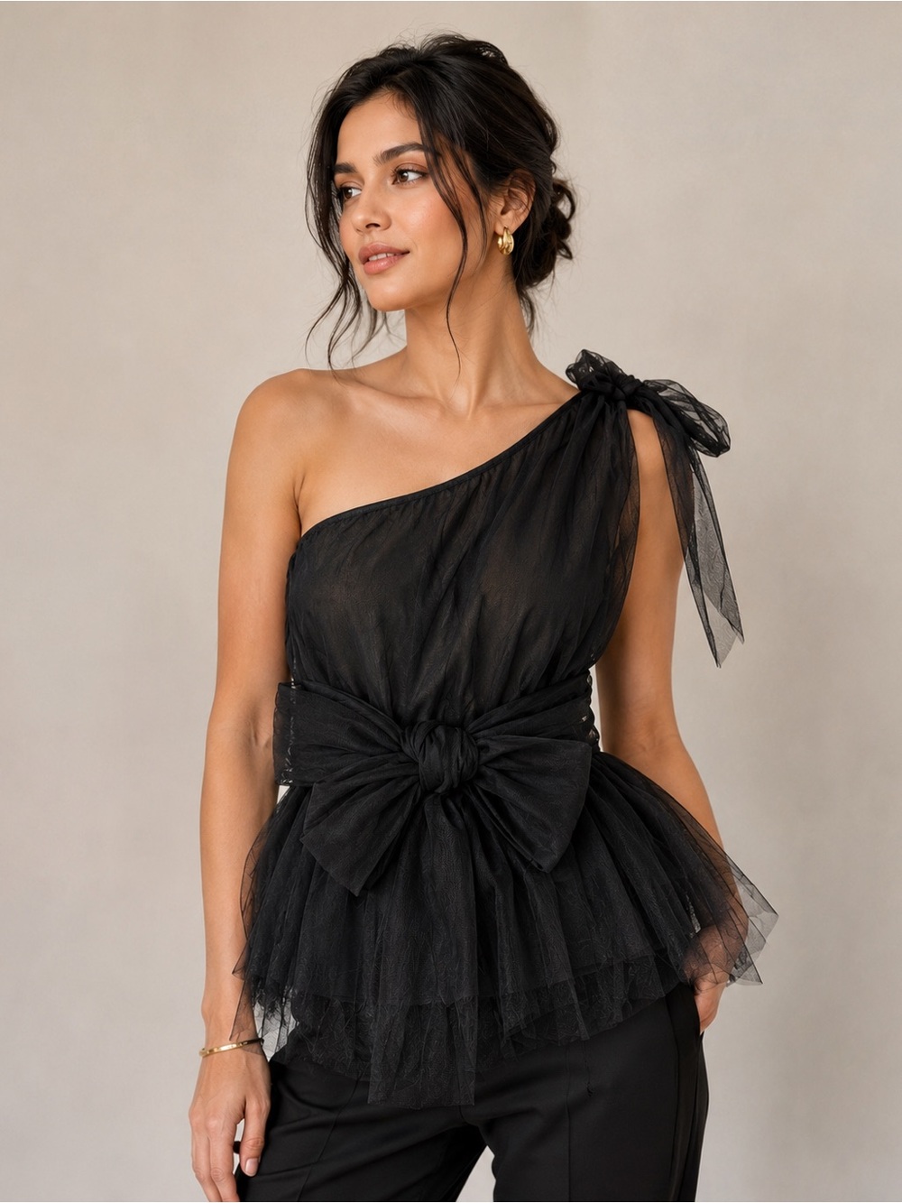 One-Shoulder Black Tulle Bow Top